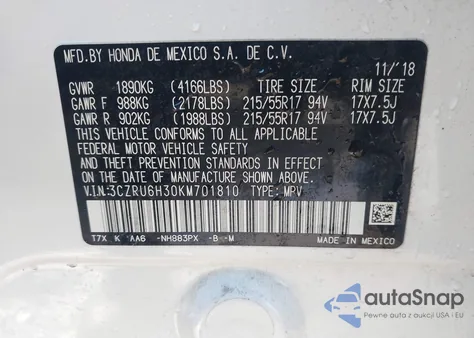 2019 Honda Hr-V Lx из США, поврежденный, VIN 3CZRU6H30KM701810